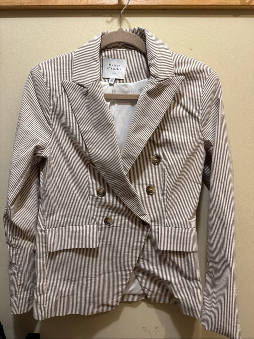 Beige-Striped Double-Breasted Blazer